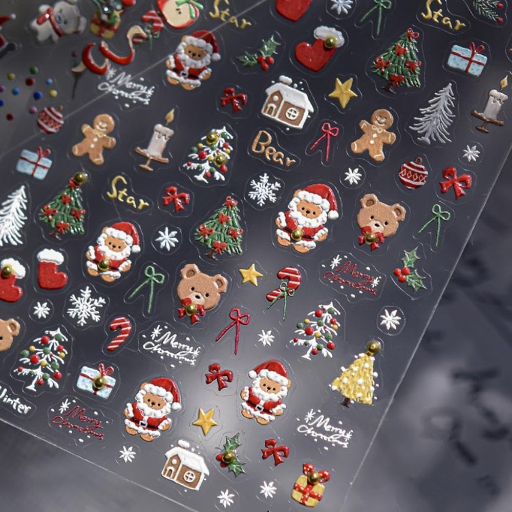 Christmas Nail Stickers Santa Claus Nail Stickers for Nails Art Bear Nail Art Decals with Xmas Tree Design 5D Self Adhesive Nails Charms Supply for Women Girls Manicure DIY Decoration Accessories