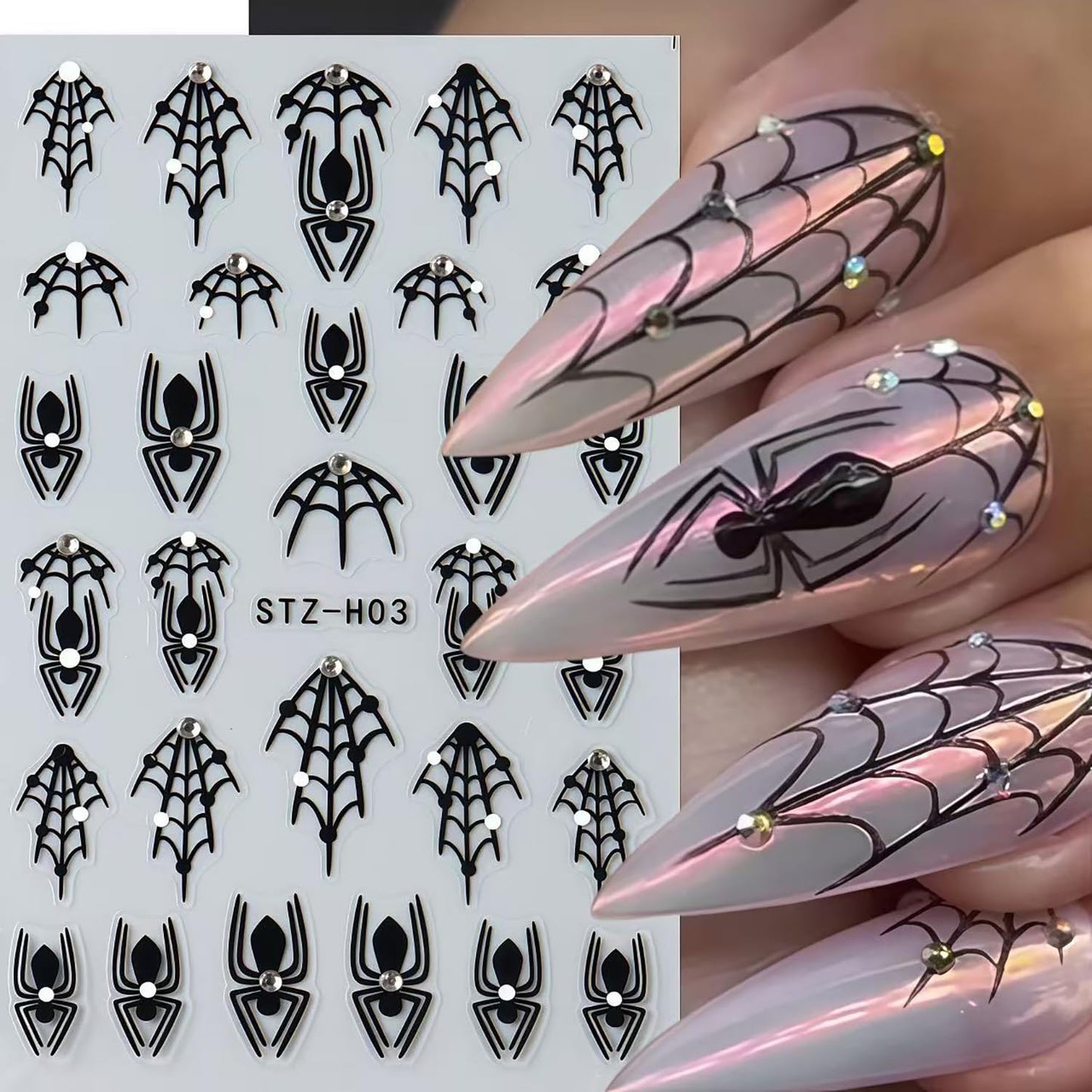 6 Sheets Shiny Crystal Diamonds Spider Nail Art Stickers Halloween Nail Stickers Self-Adhesive Spider Web Spiders Heart French Tip 3D Nail Art Design Decals Festival DIY Manicure Decoration for Women