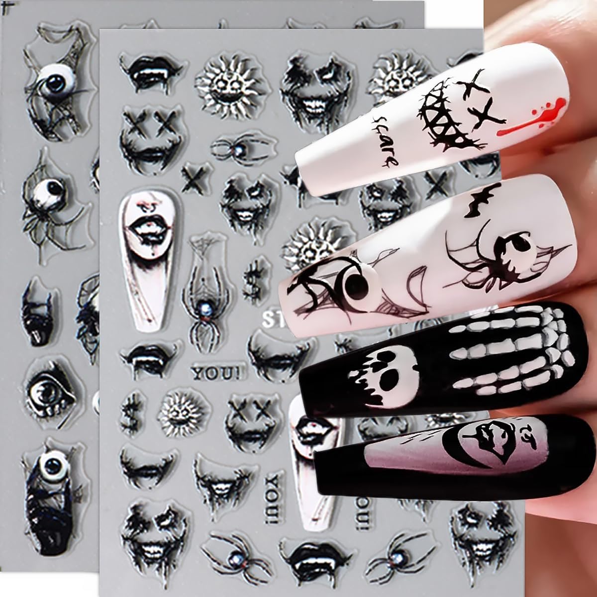 8 Sheets Halloween Nail Stickers for Nail Art 5D Self-Adhesive Gothic Bat Skeleton Spider Nail Decals Black White Claw Nail Design Stickers Halloween Nail Art Supplies for Women DIY Manicure Tip