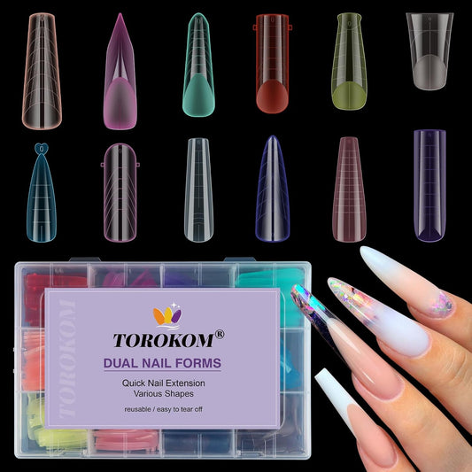 Dual Forms for Poly Nail Gel, 288PCS 12 Colors Dual Nail Forms Extension Molds Stiletto Coffin Square Acrylic Nail Tips 12 Shapes for Builder Gel Manicure Nail Art Design Salon DIY at Home