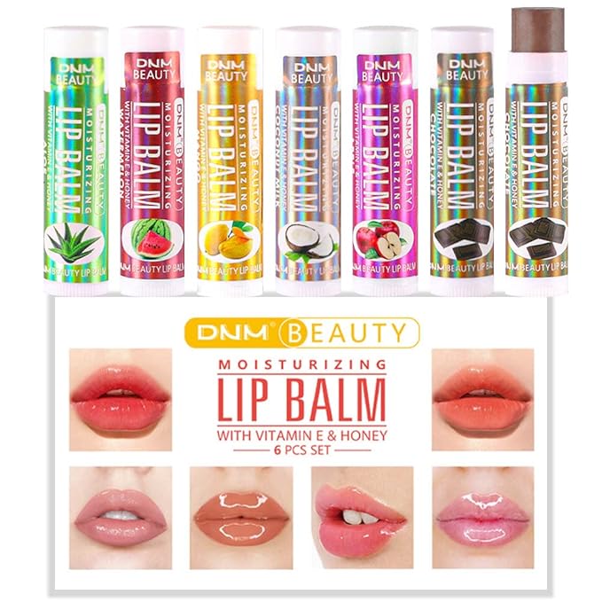 evpct 6Pcs Classic Fruit Flavour Flavored Lip Balm Set for Lip Care Chafed Chapped Cracked Lips,Natural Vitamin E Honey Aloe Vera Watermelon Mango Coconut Milk Apple Chocolate Moisturizing Lip Balm 2