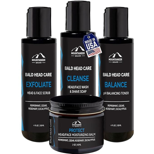 Mountaineer Brand Bald Head Care Gifts For Bald Men | All Natural 4 Step Daily Skin Care for Healthy Scalp & Face | Exfoliate Scrub | Cleanse Wash | Shine Away PH Balance | Protect Moisturizing Balm