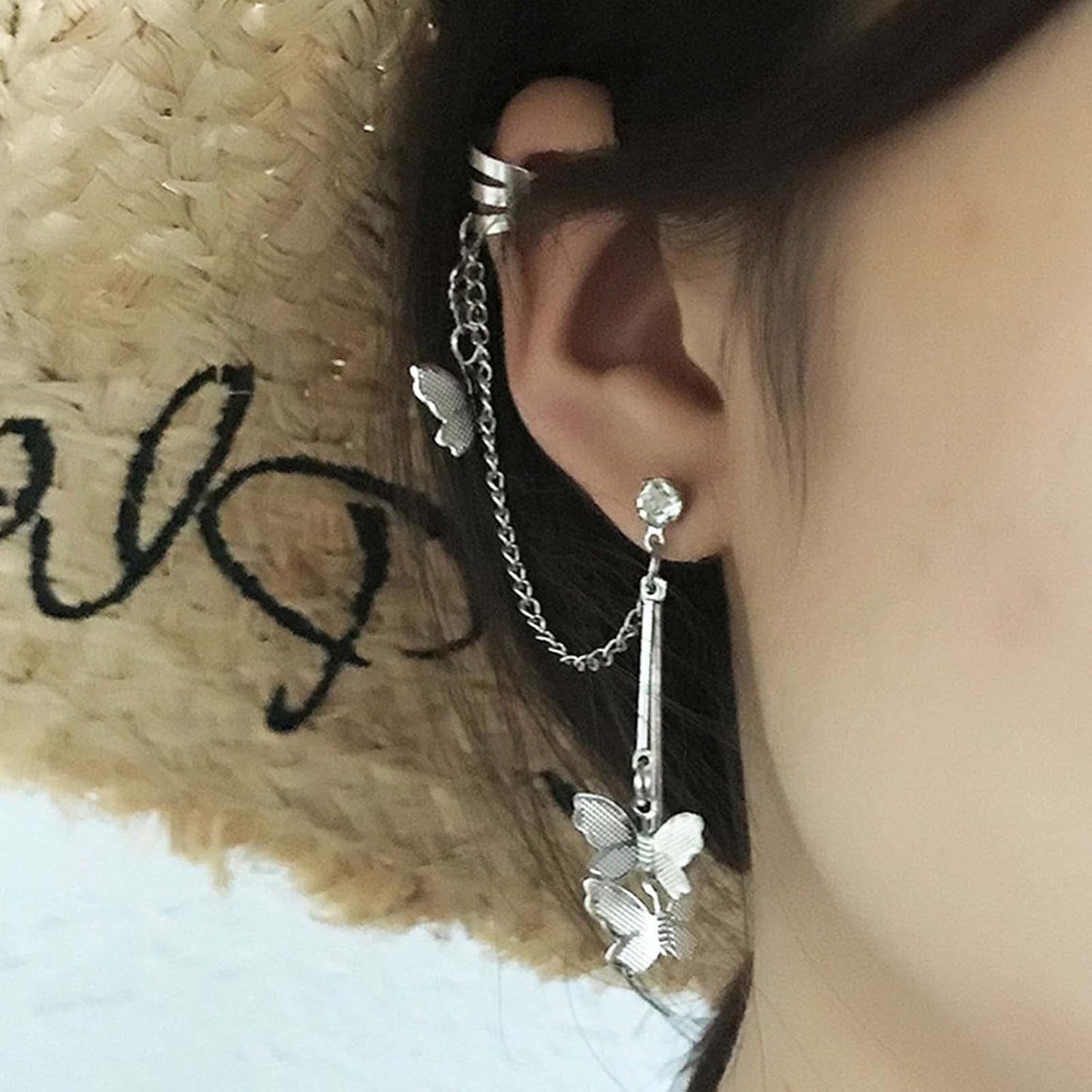 Silver Butterfly Chain Tassel Cuff Earrings Vintage Long Butterfly Hinge Dangle Drop Earrings Single Butterfly Ear Clips Statement Butterfly Crawler Cuff Earrings Jewelry for Women Girls
