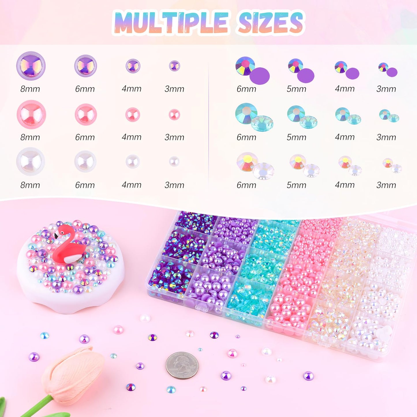 9000Pcs Flatback Pearls and Rhinestones for Crafting, Pink Purple White Mixed Size 3-8mm Resin Rhinestones and Half Pearls for Bedazzling, Nail Art and Decoration with 3pcs B7000 Jewelry Glue
