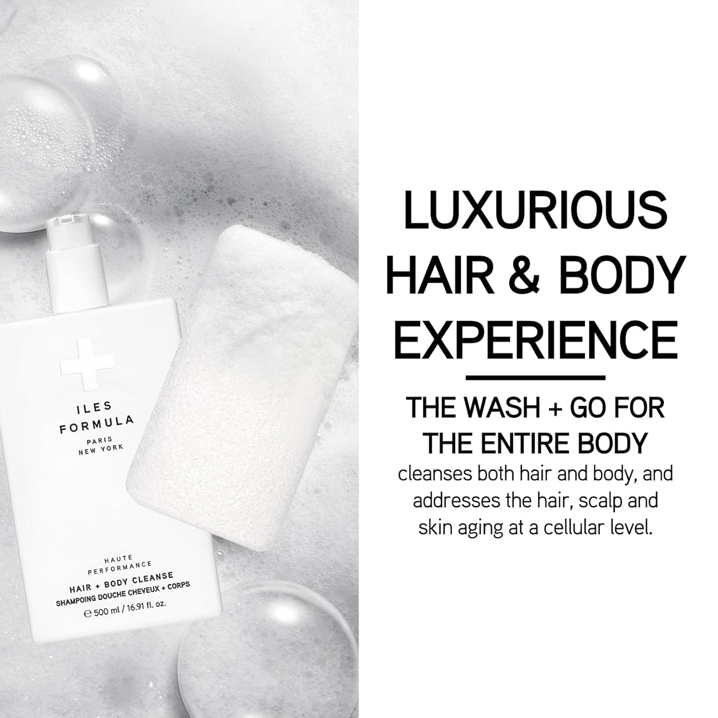 ILES FORMULA Haute Performance Hair + Body Cleanse + Natural Sponge - Gently Cleanse & Nourish Hair + Body, Sulfate, Silicone & Paraben Free, 500 ML
