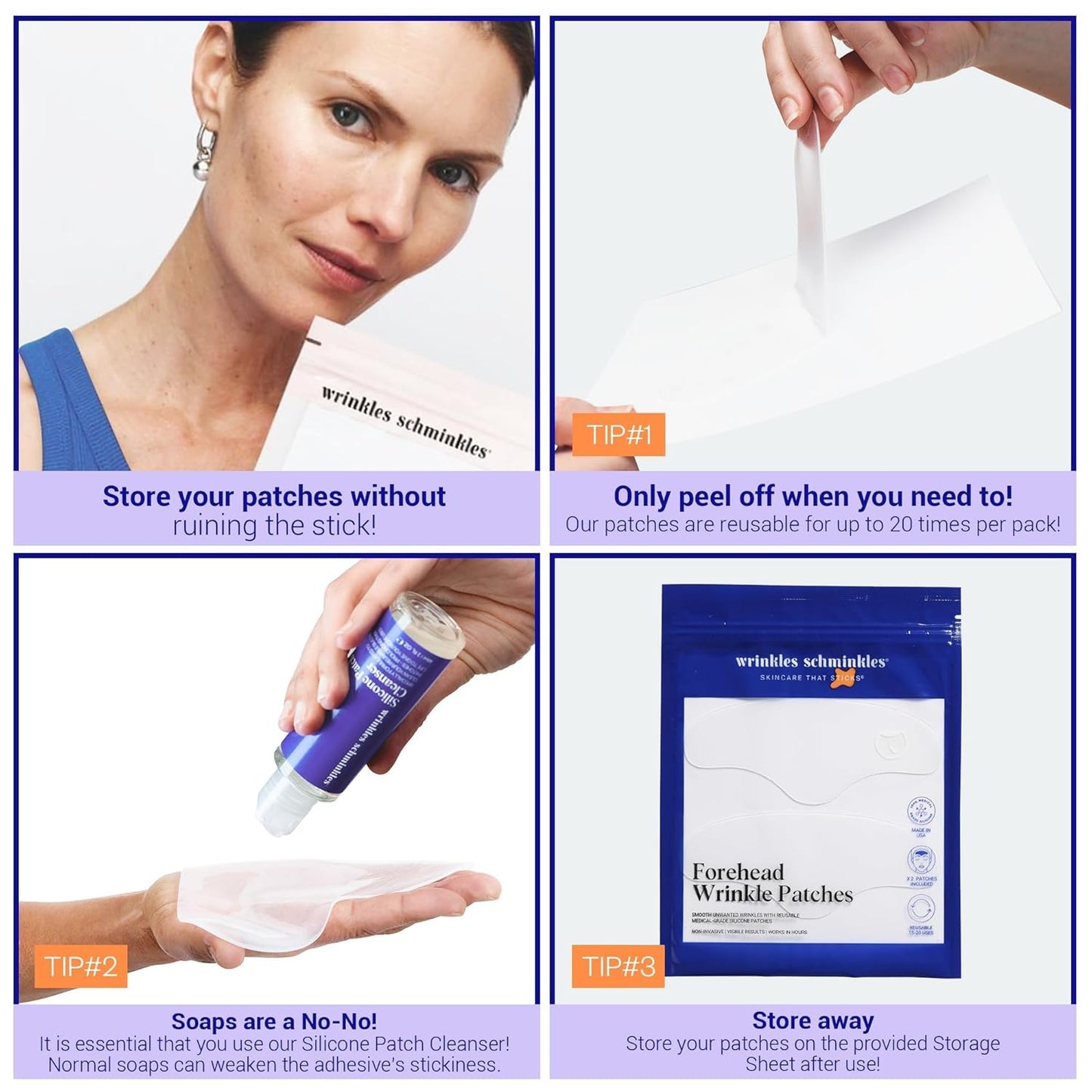 Wrinkles Schminkles Forehead Wrinkle Patches, 2-Pack, Reusable Hypoallergenic Silicone Smoothing Pads + Silicone Patch Cleanser 2 oz, Clean Silicone Patches Without Breaking Down The Adhesive