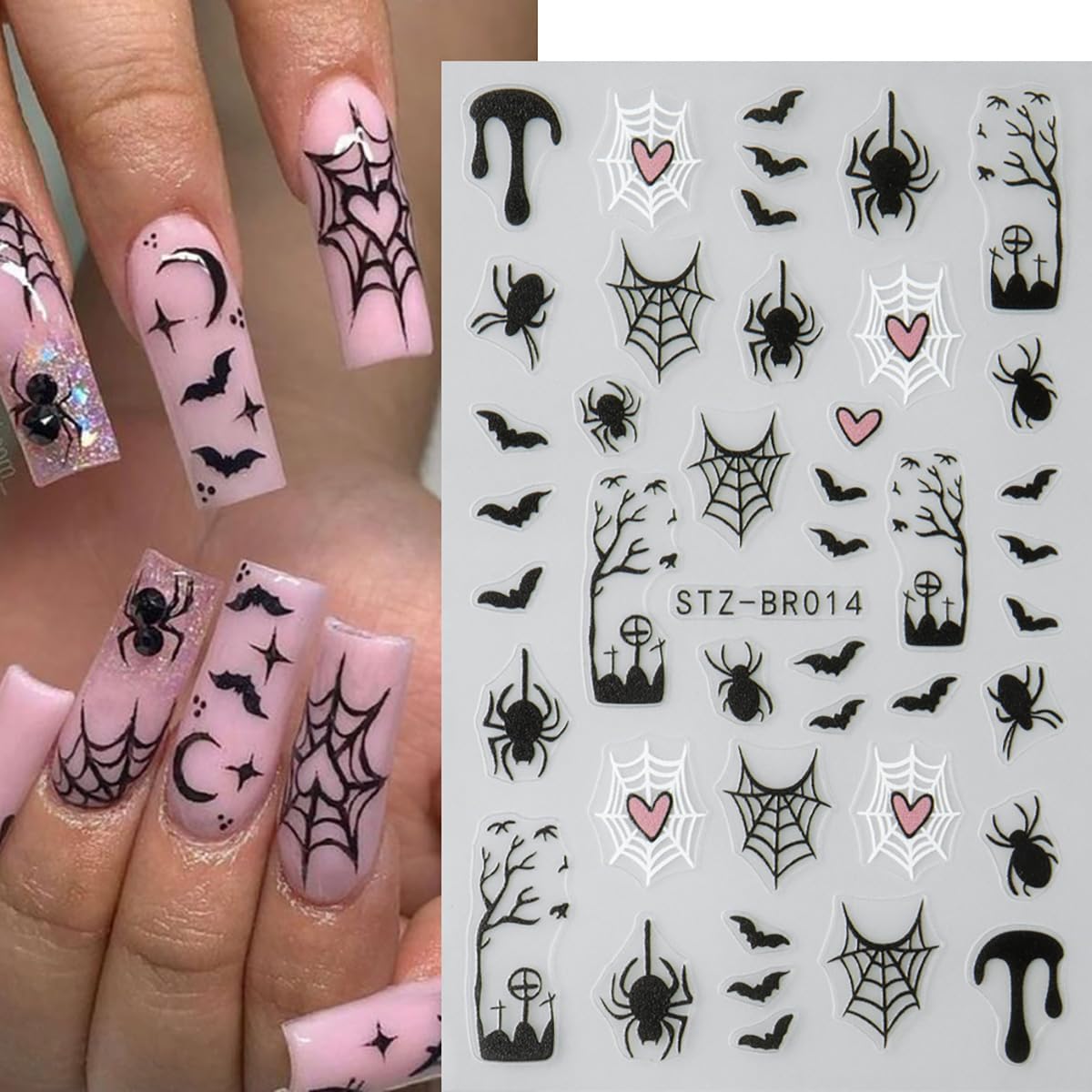 6 Sheets Halloween Nail Stickers for Nail Art Bat Spiders Nail Art Stickers Black Skull Ghost Spider Web Design Goth Nail Decals Nail Supplies for Women Acrylic Manicure Decoration Accessories