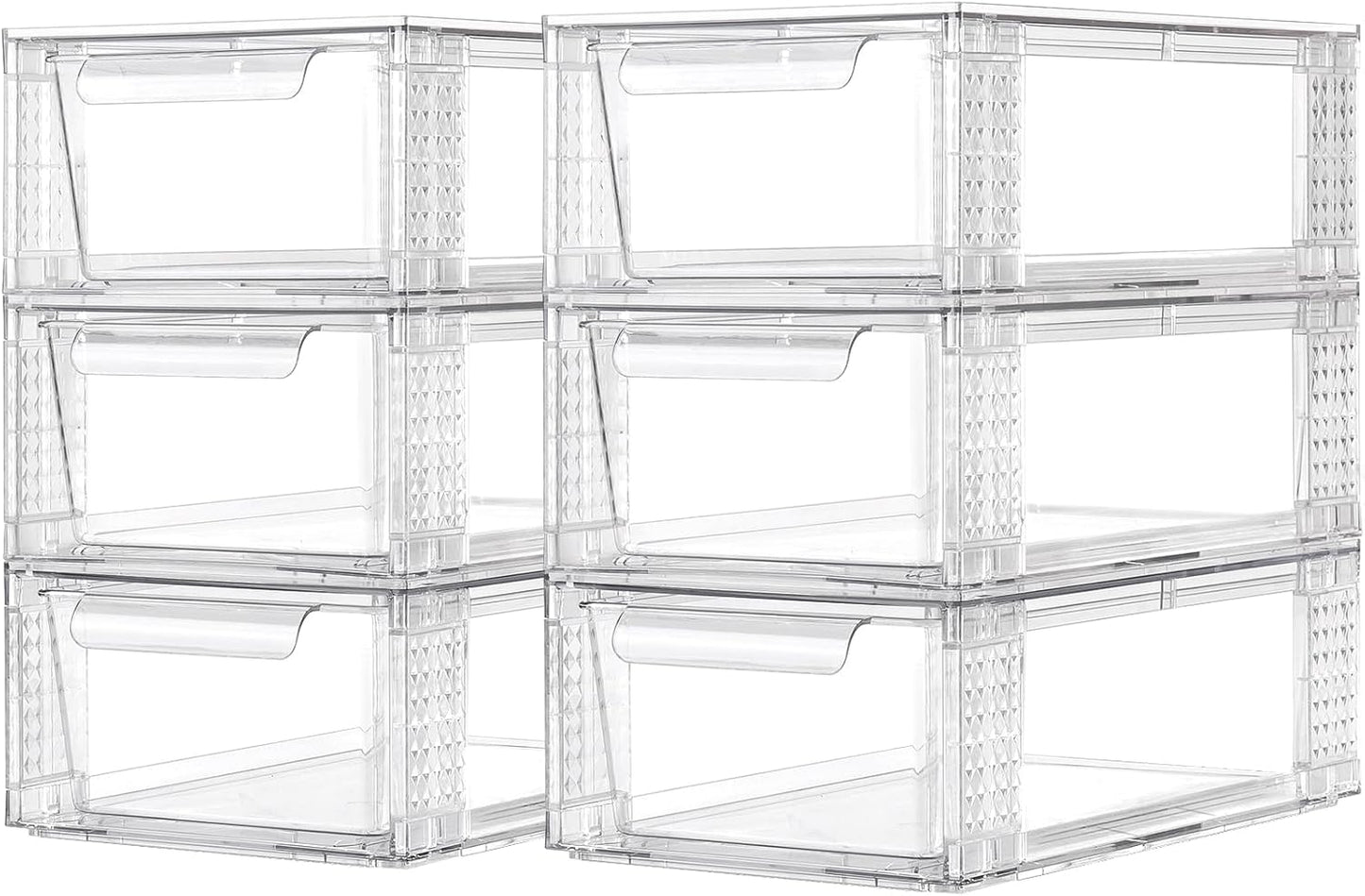 6 Pack Clear Stackable Storage Drawers, 3.95" H Easily Assemble Acrylic Organizer Bins - Multi-Use for Make up, Closet, Pantry, Bathroom, Medicine, Kitchen Cabinet & Undersink Organization