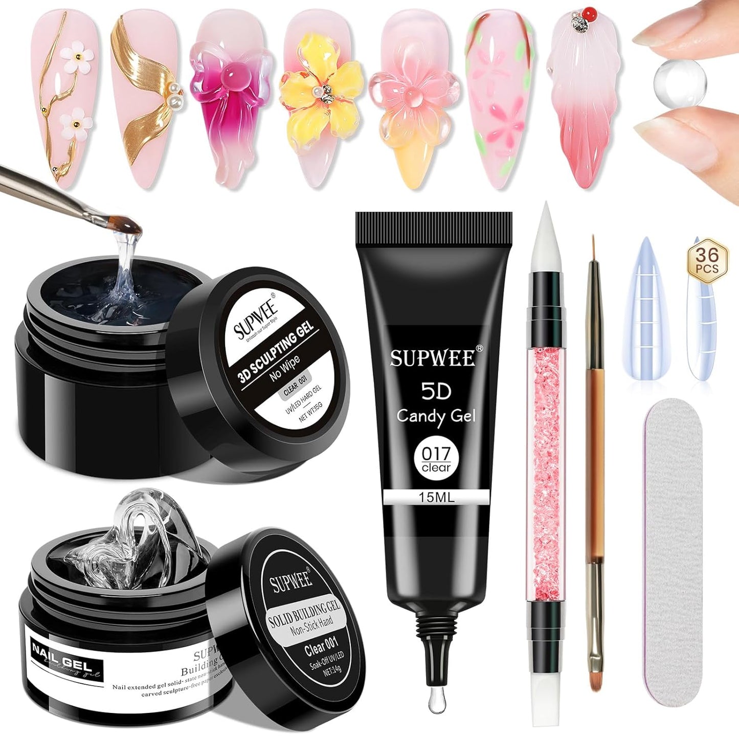 3d Gel Nail Art Set: Non Stick Hand Solid Builder Gel, No Wipe 3d Gels, 15g 3d Sculpting Gels All-in-1 Kit for Carving Moliding Extension Home DIY Manucure for Women Girls