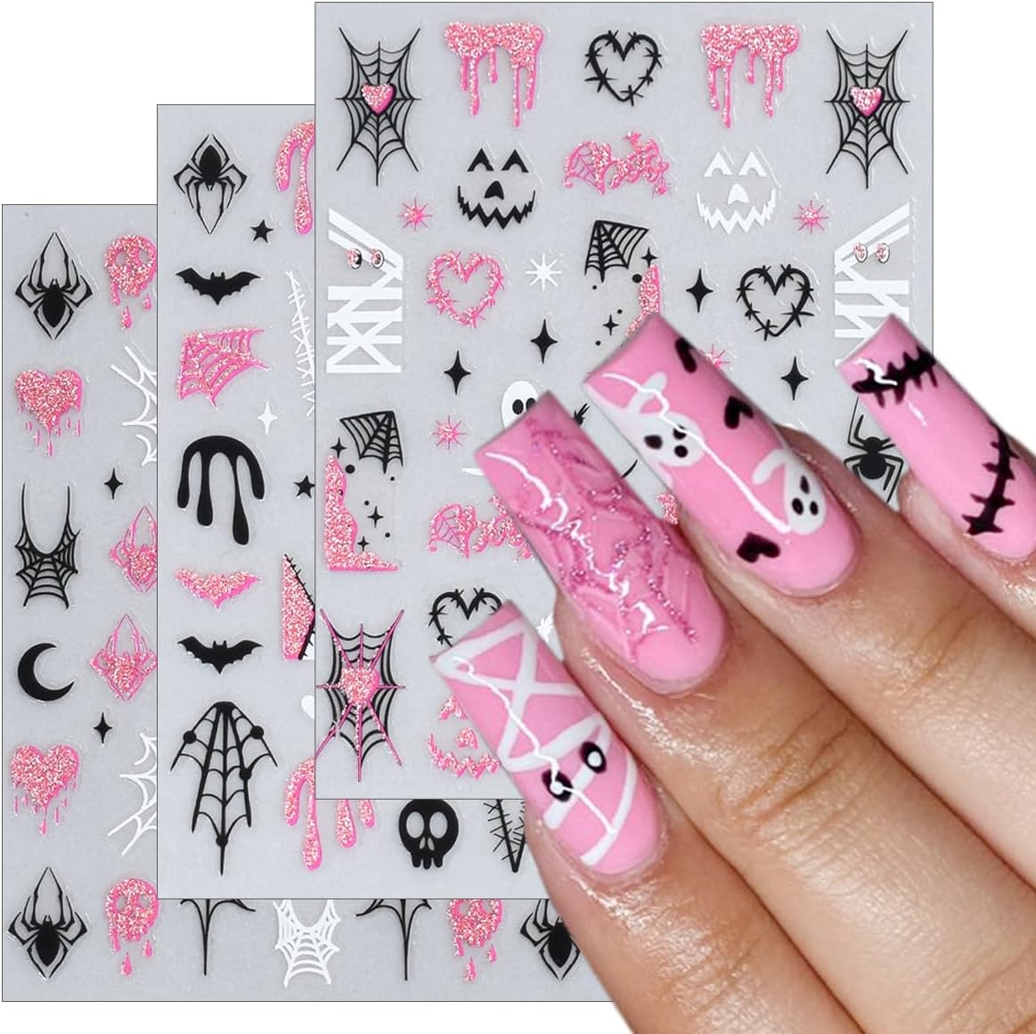 6 Sheets Halloween Nail Art Stickers Decals Pink Glitter Pumpkin Heart Bow Spider Nail Decals 3D Self-Adhesive Ghost Spider Web Skull Nails Stickers Cute Halloween Nails Art Supplies for Women Girls