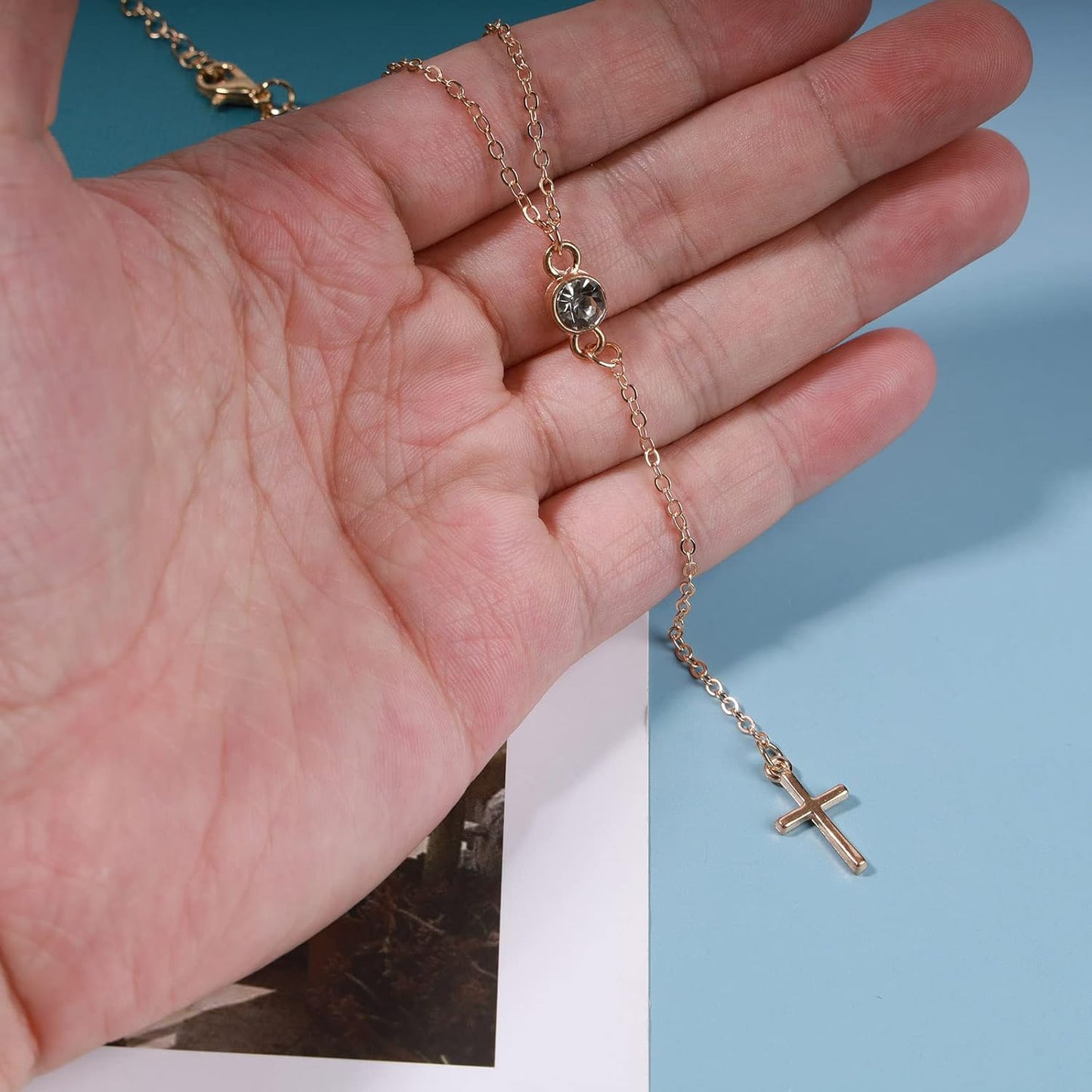 Boho Cross Y Necklace Gold Chain Lariat Rhinestone Drop Cross Pendant Wedding Necklace Charm Fashion Jewelry Gift for Women and Girls