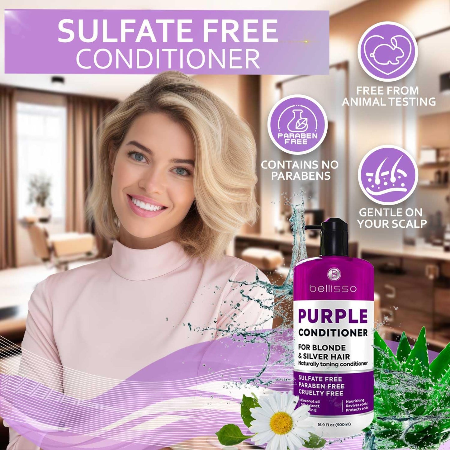 Purple Conditioner for Blonde Hair - Sulfate and Paraben Free Toner - No More Orange and Yellow Brassy Tones - More Balance for Color Treated, Bleached, Silver, White and Gray Hair - Women and Men