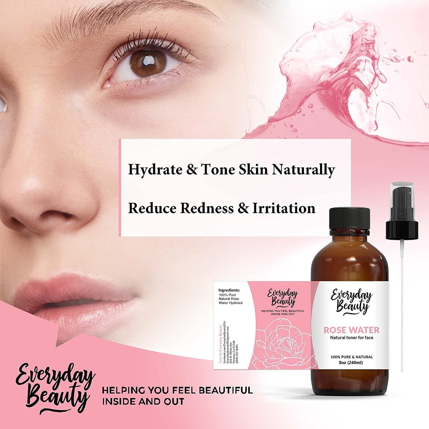 Rose Water Facial Toner - Alcohol-Free Vegan All Natural Refreshing Spray Mist for Face and Hair - Uplifts, Calming & Soothing for All Skin Types 8oz with Fine Mist Cap