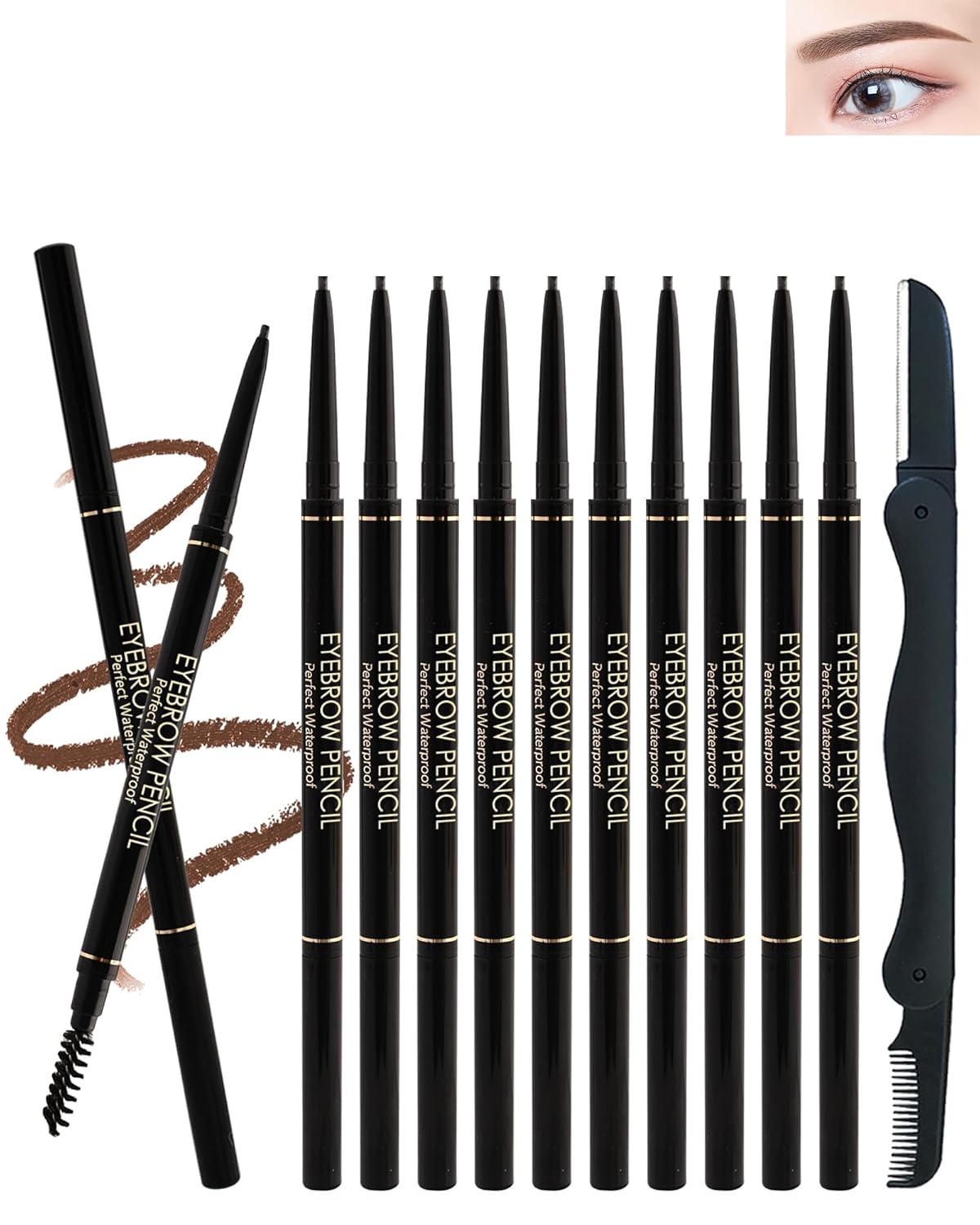 12Pcs Waterproof Light Brown Eyebrow Pencil Set, Professional Brow Micro Eyebrow Retractable Pencil, Ultra Fine Long Lasting for Perfect Eye Liner Brows Eye Makeup Shaping & Filling Brow Gel Pen- 02