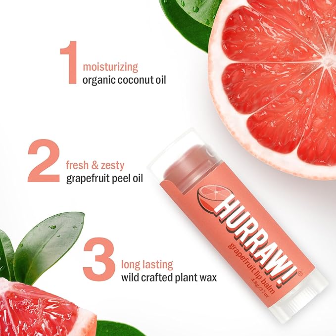 Hurraw! Grapefruit Lip Balm: Organic, Certified Vegan, Cruelty and Gluten Free. Non-GMO, 100% Natural Ingredients. Bee, Shea, Soy and Palm Free. Made in USA