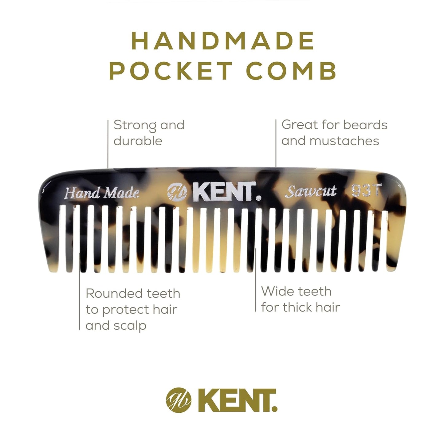 Kent 93T White Tokyo Wide Tooth Small Comb for Men's Mustache and Beard Grooming, Pocket Sized Detangler Travel Comb, Saw-Cut and Polished, Handmade in England