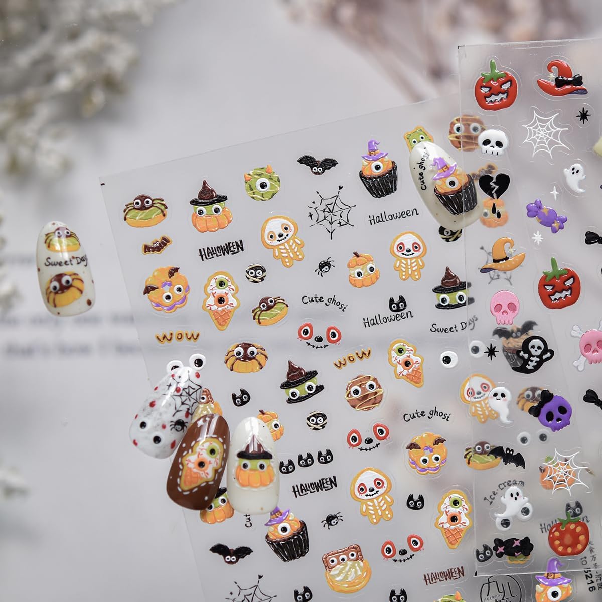 5D Halloween Nail Stickers Cute Nail Art Decals Self-Adhesive Cute Bear Horror Pumpkin Evil Eyes,Halloween-Themed Design DIY Holiday Decoration for Women Kids Party 1 Sheet