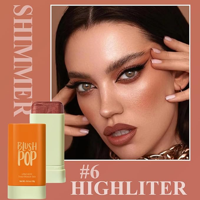 Blush Stick, Cream Blush Stick for Cheeks & Lips, Blendable Long-Lasting Multi-Use Contour Stick & Highlighter Makeup (#6 HIGHLIGHT)