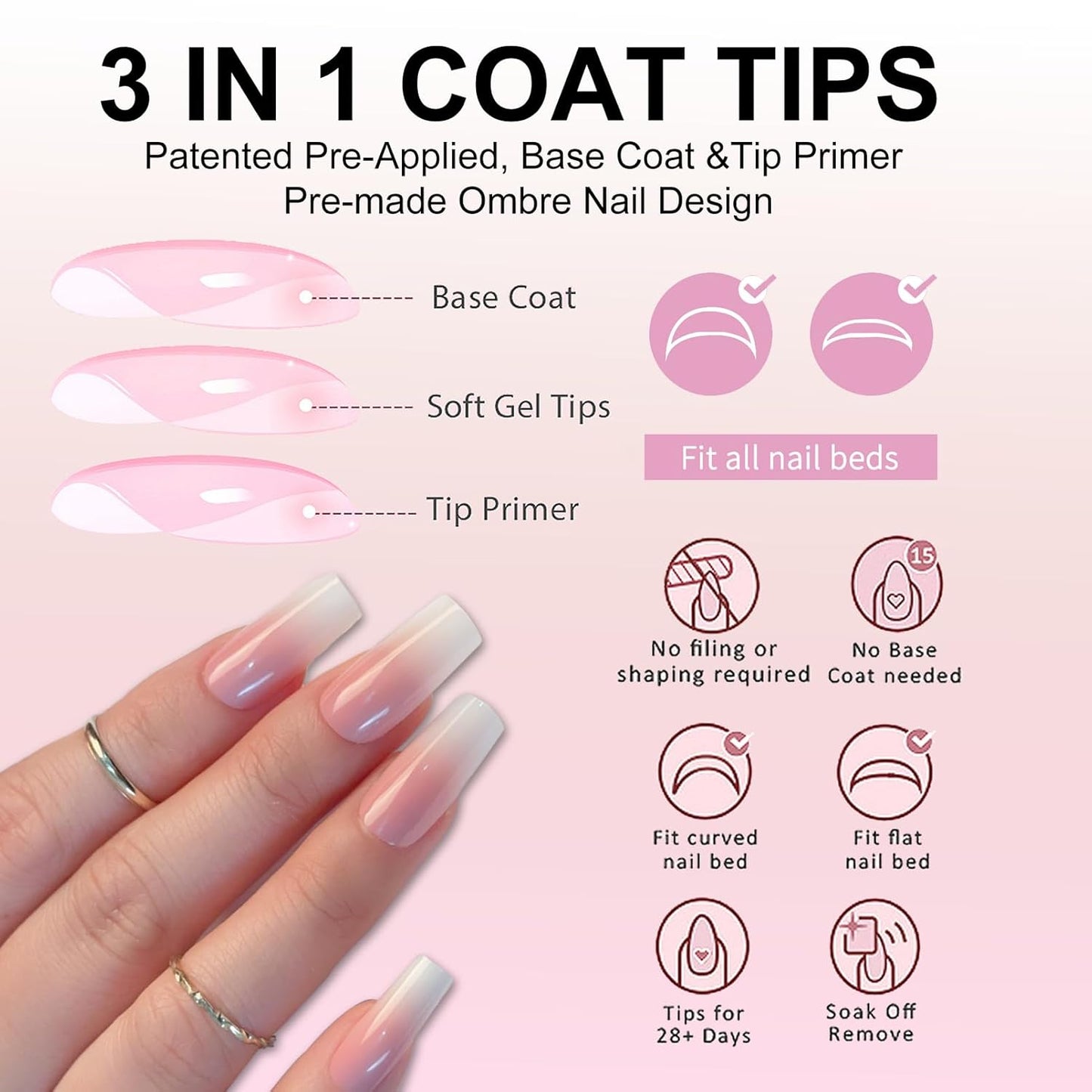 Ombre Press On Nails - 240Pcs Short Square False Nails Kit, Pink White Gradient Nail Tips Soft Gel False Nail with Glue Salon Fake Nails Kit Extensions DIY (Medium Long Square)