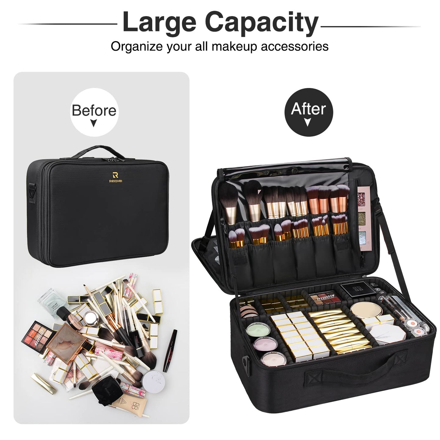 MONSTINA 16.5'' Large Capacity Makeup Case 3 Layers Cosmetic Organizer Brush Bag Barber Train Case Makeup Artist Box for Hair Curler Hair Straightener Brush Set and Cosmetics