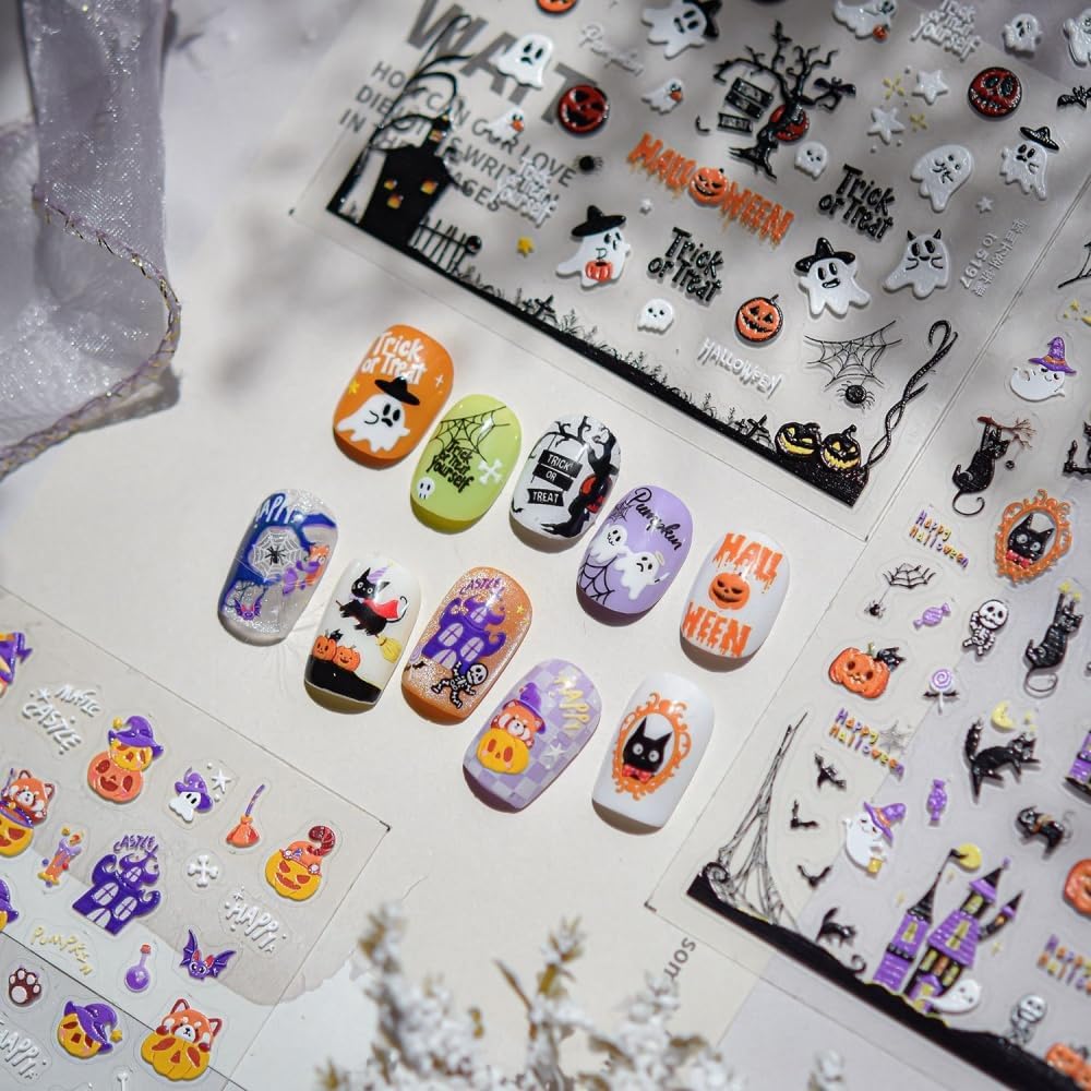 5D Embossed Halloween Nail Stickers Haunted House Ghost Nail Designs Pumpkin Cat Nail Decals 3D Self-Adhesive Skeleton Spider Web Nail Art Decoration for Women Holiday DIY Manicure 1 Sheet
