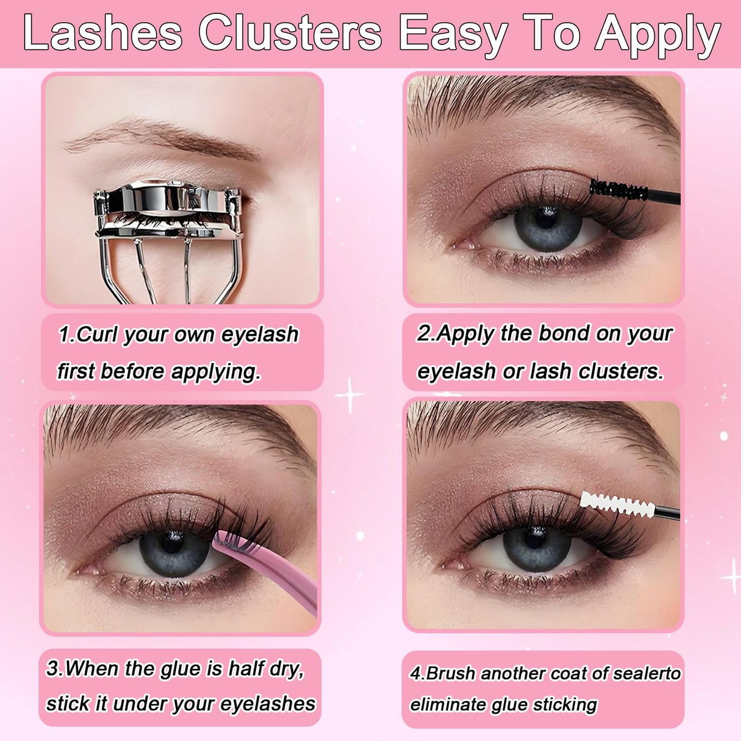 Lash Clusters Kit, Eyelash Clusters Individual Lash Extension Kit D Curl Fluffy Wispy False Eyelashes Extensions Thin Band with Bond Seal Tweezers Brush (Lash Clusters With Tool, SMY 8-16mm)