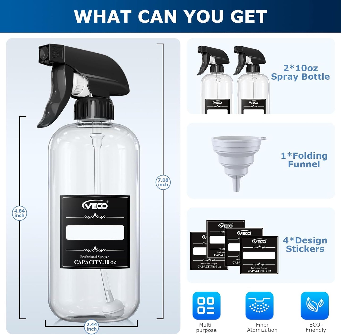 Veco 10oz Spray Bottle with Adjustable Nozzle, 360° Water Spray Bottles for Cleaning Solution, Plastic Spray Bottles for Hair Cooking Plant Pet, No Leak and Clog (2 Pack & Foldable Funnel)