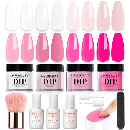 AZUREBEAUTY Dip Powder Nail Kit Starter, Light/Hot Pink Clear White Summer 4 Colors Acrylic Dipping Powder Liquid Set with Base/Top Coat Activator for French Nail Art Manicure DIY Gifts for Women
