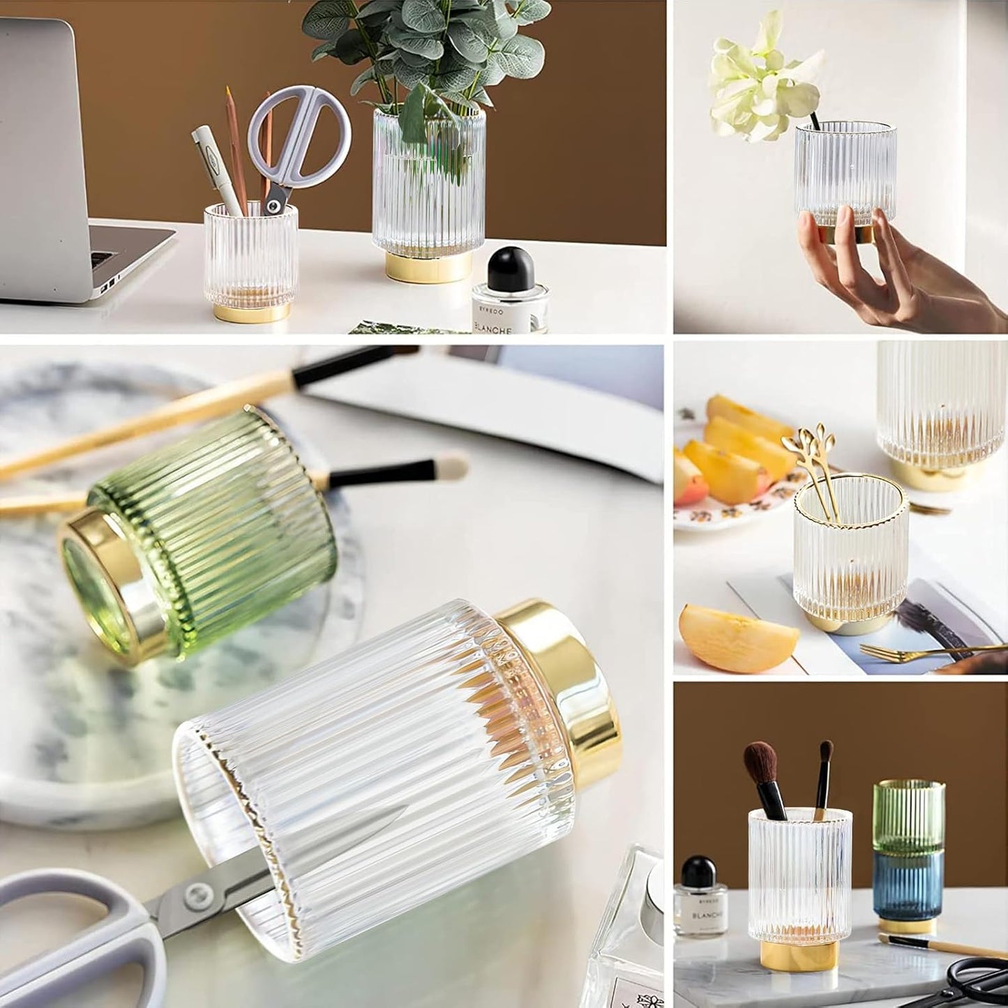 DASITON Makeup Brush holder Organizer,Crystal Cosmetic Makeup Brush Glass Brushes Storage Holder, Vintage Make Up Brush Cup Pen Pencil Holder striped vase(Clear S+L)