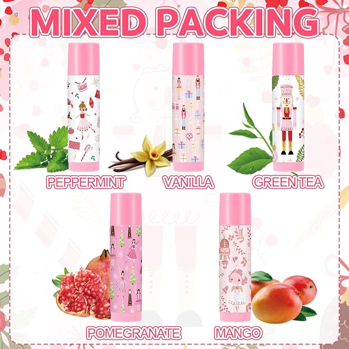 Dunzy 50 Pcs Christmas Lip Balm Gifts Bulk Pink Christmas Nutcracker Themed Lip Balm Xmas Lip Moisturize for Lip Care Xmas Holiday Party Stocking Stuffers, 5 Flavors