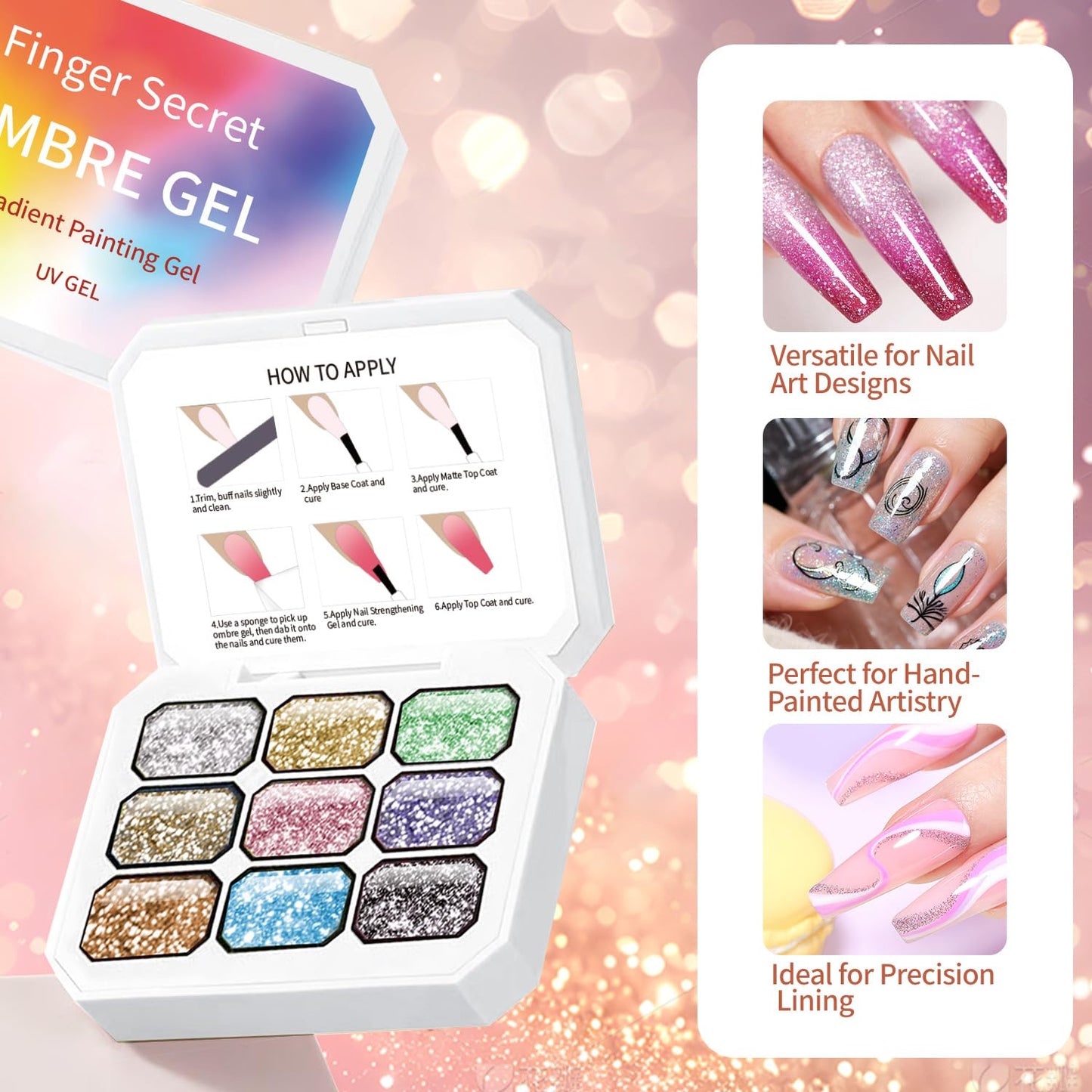 Finger Secret 4 Colors Set Ombre Pat Gel Nail Polish,Gradient Painting Gel with 20Pcs Nail Sponges for Nail Art DIY can be Painted in Salon or Home Use(k9)