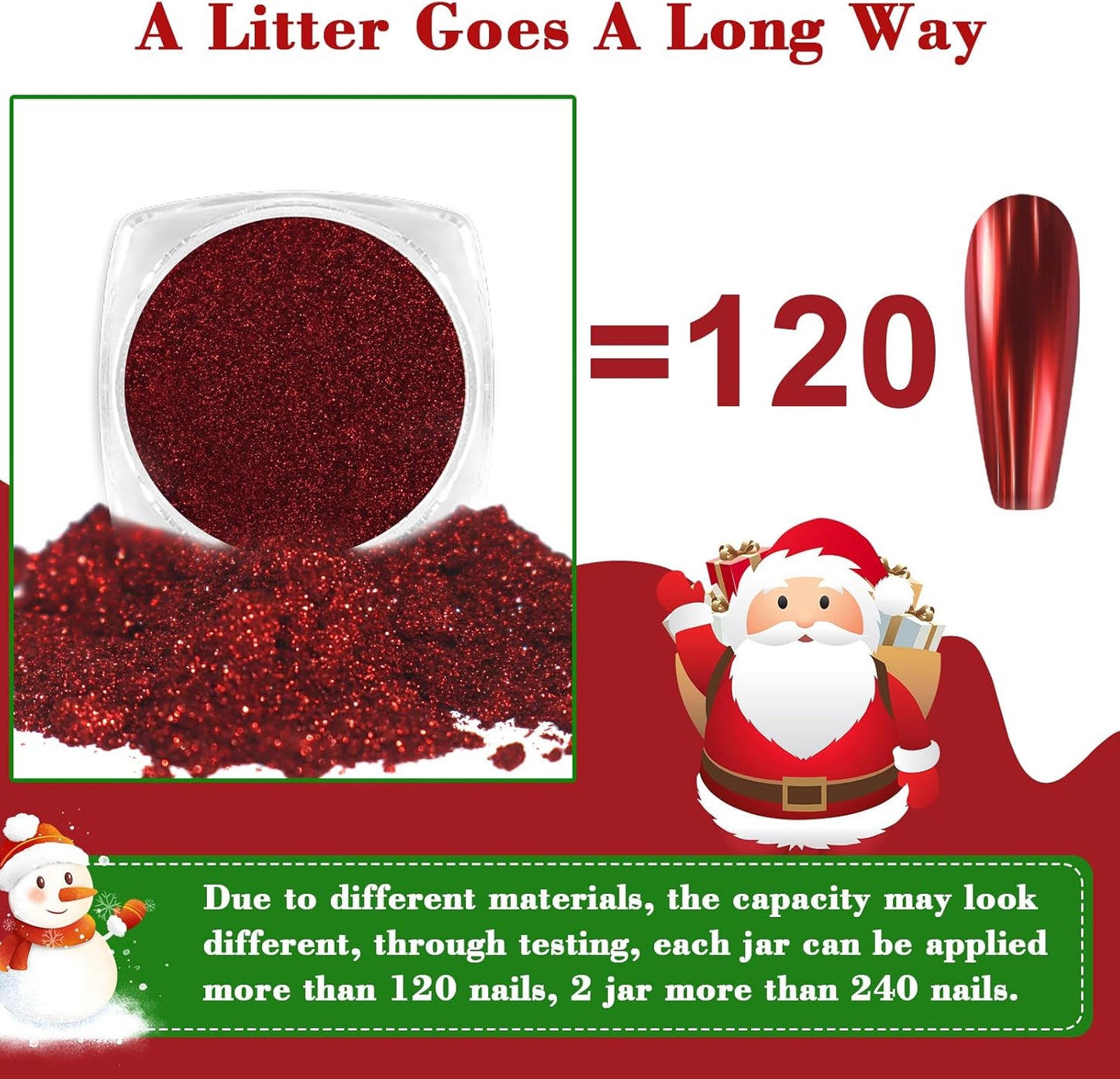 Allstarry Chrome Nail Powder - 2 Colors Red & Green Metallic Effect Mirror Glitter Powder Pigment Sparkling Holographic Manicure Magic Glitter Dust Kit for Christmas Nail Decoration