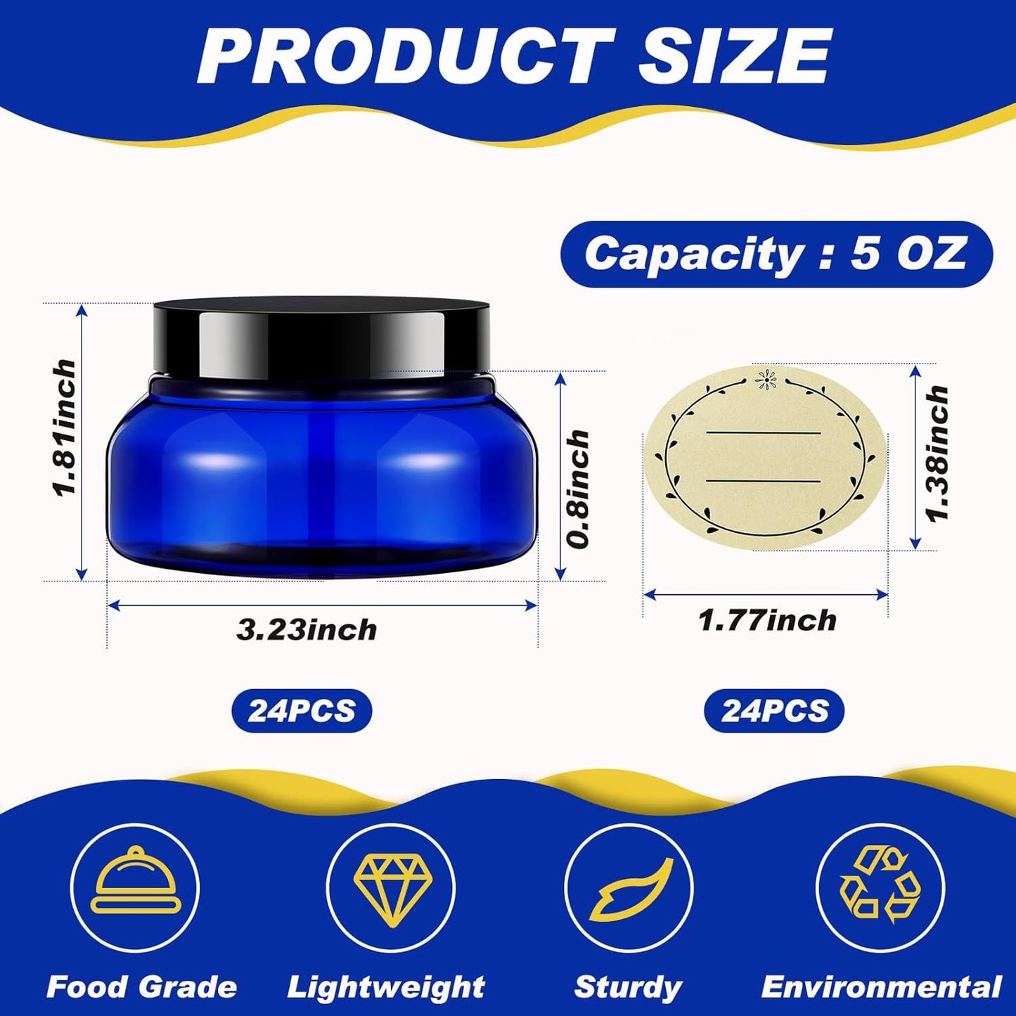 Tessco 24 Pack Plastic Jars with Lids Labels Empty Clear Plastic Jars Round Refillable Cosmetic Containers Body Butter Containers Bulk Sugar Scrub Bottle for Make Up(5 oz,Blue, Black)