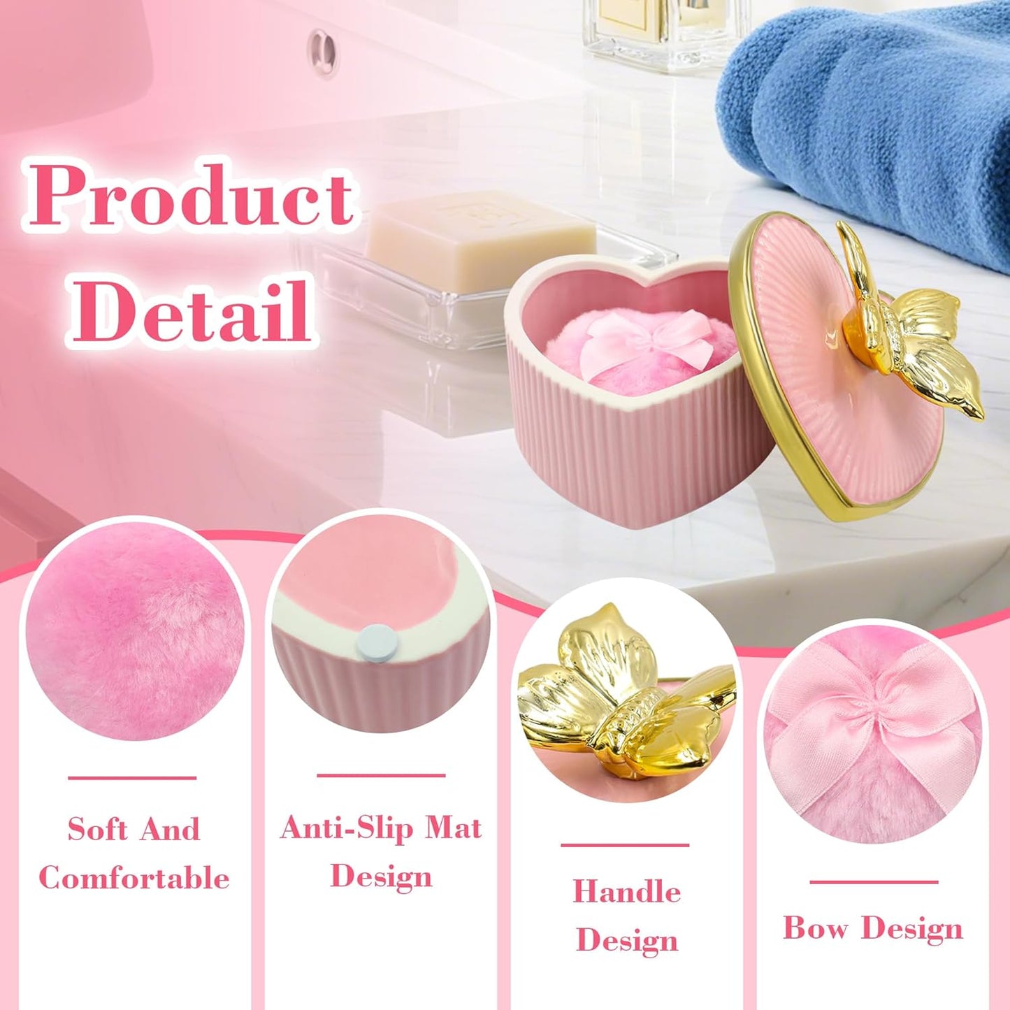 Large Body Powder Puff and Container, Ceramics Dusting Powder Container with 2 PCS Washable Heart Shaped Body Puff, Butterfly Dusting Case for Wet and Dry Makeup (Pink)