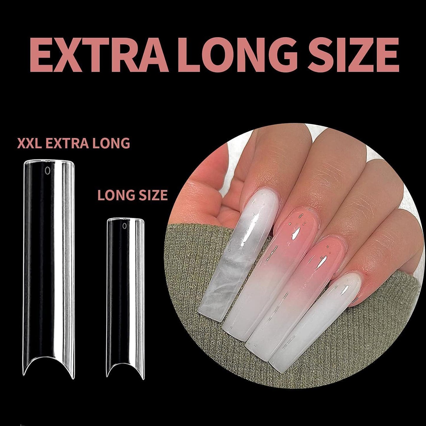 UNA GELLA No C Curve Nail Tips 504 PCS Extra Long XXL Tapered Square Nail Tips Half Cover Nails tips Straight Shape For French Acrylic Nails False Fake Clear Tips Square Shape with Box