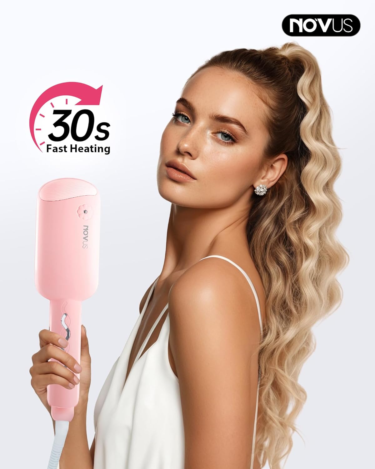 NOVUS Waver Curling Iron, Beach Waves Curling Wand, Ionic Hair Waver with Anti-Scald Hair Crimper, Easy to Use, 2 Barrel Hair Crimper for All Hair Types Women, Pink, 1.25 Inch