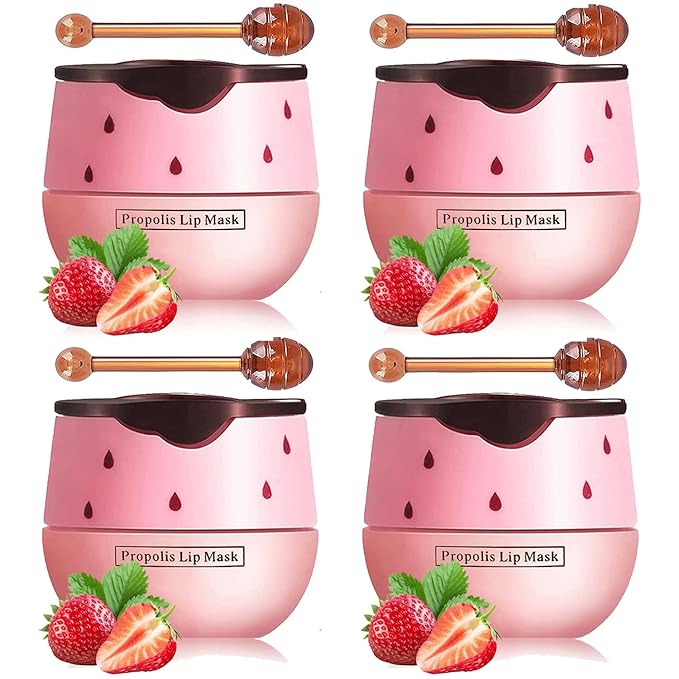 Honey Lip Balm Pot, Propolis Lip Mask, Strawberry Hydrating Propolis Lip Sleeping Mask, Prevent Dry&Cracked, Lip Repair Nourishes the Lip Skin (4pcs Strawberry)
