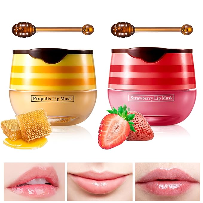 Lip Balm Honey Pot, Honey & Strawberry Lip Mask Propolis Moisturizing Lip Balm with Stick, Hydrating & Prevent Dry and Cracked Lip(2 Pcs)