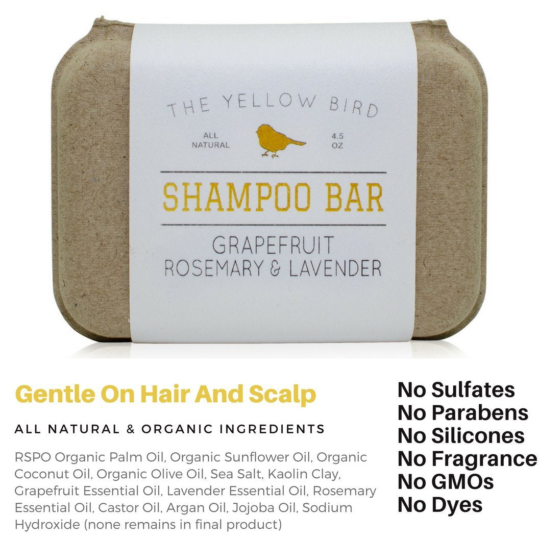 The Yellow Bird Solid Bar Shampoo Soap. Grapefruit, Rosemary, and Lavender. Mild Natural and Organic Ingredients. Sulfate Free. Gentle Scalp + Hair Care