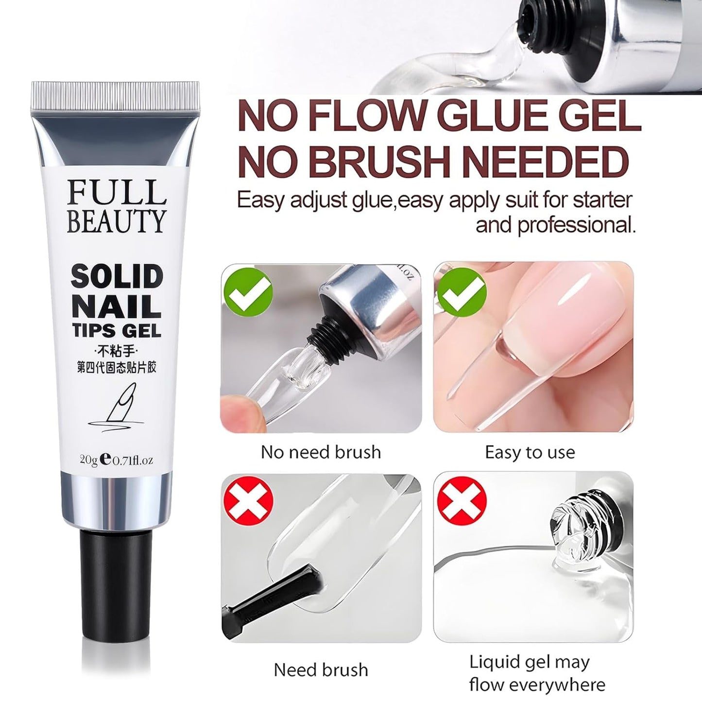 Transparent Solid Nail Glue for Press Ons, Acrylic & Fake Nails, 20g Quick-Dry Strong Adhesive Soft Gel X Nail Glue, Gel Nail Polish- Long-Lasting Beauty Nail Supplies Uv Lamp Curing