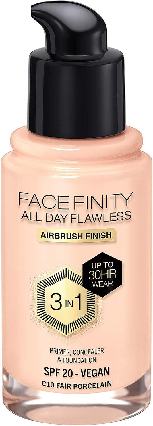 Max Factor Facefinity 3-in-1 All Day Flawless Liquid Foundation, SPF 20-10 Fair Porcelain, 30 ml