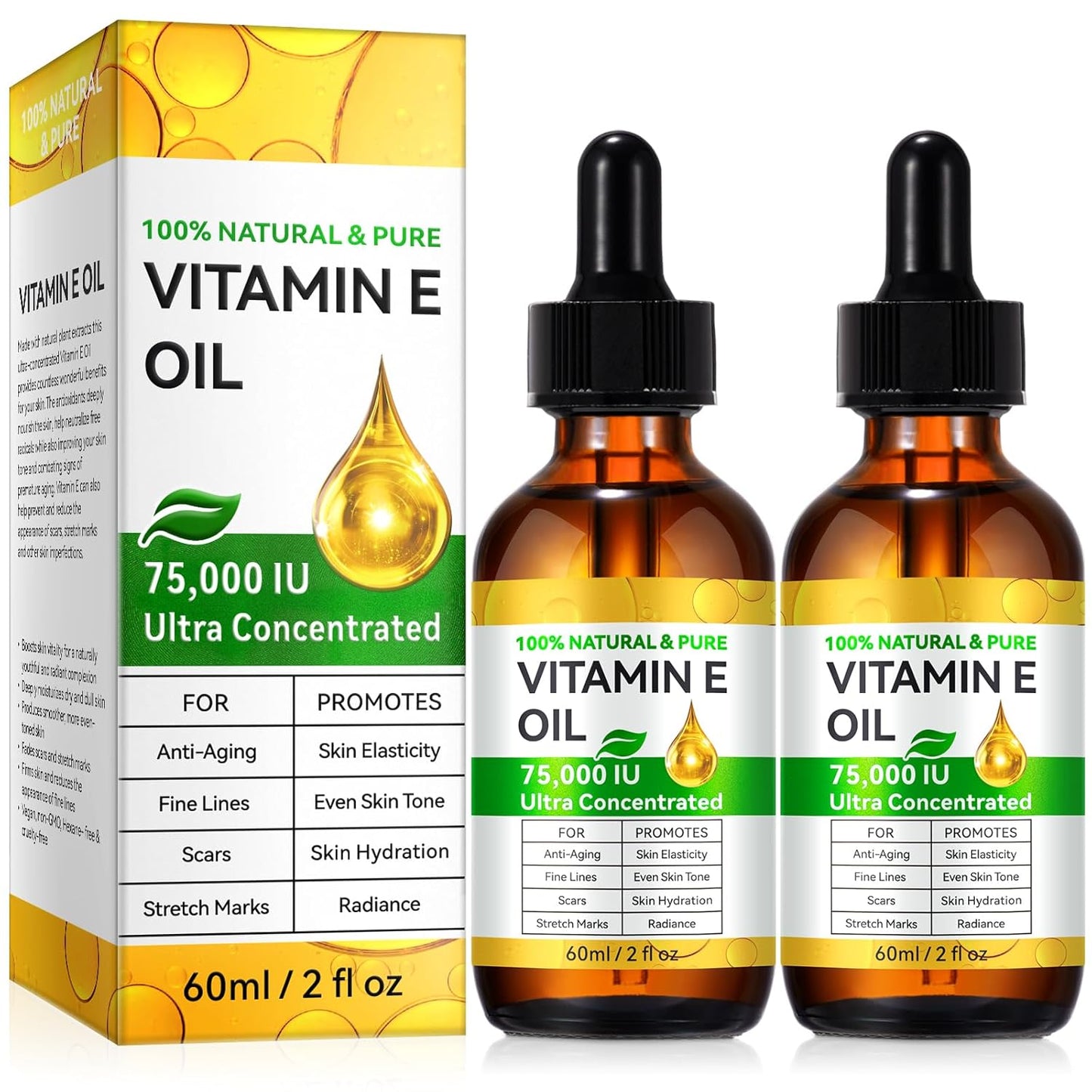 Tiuedu 2PCS Natural Vitamin E Oil for Skin, 75,000 IU Ultra Concentrated Vitamin E Oil for Face, Hair and Scars, Moisturizing Dry Skin Oils, Promotes Skin Elasticity