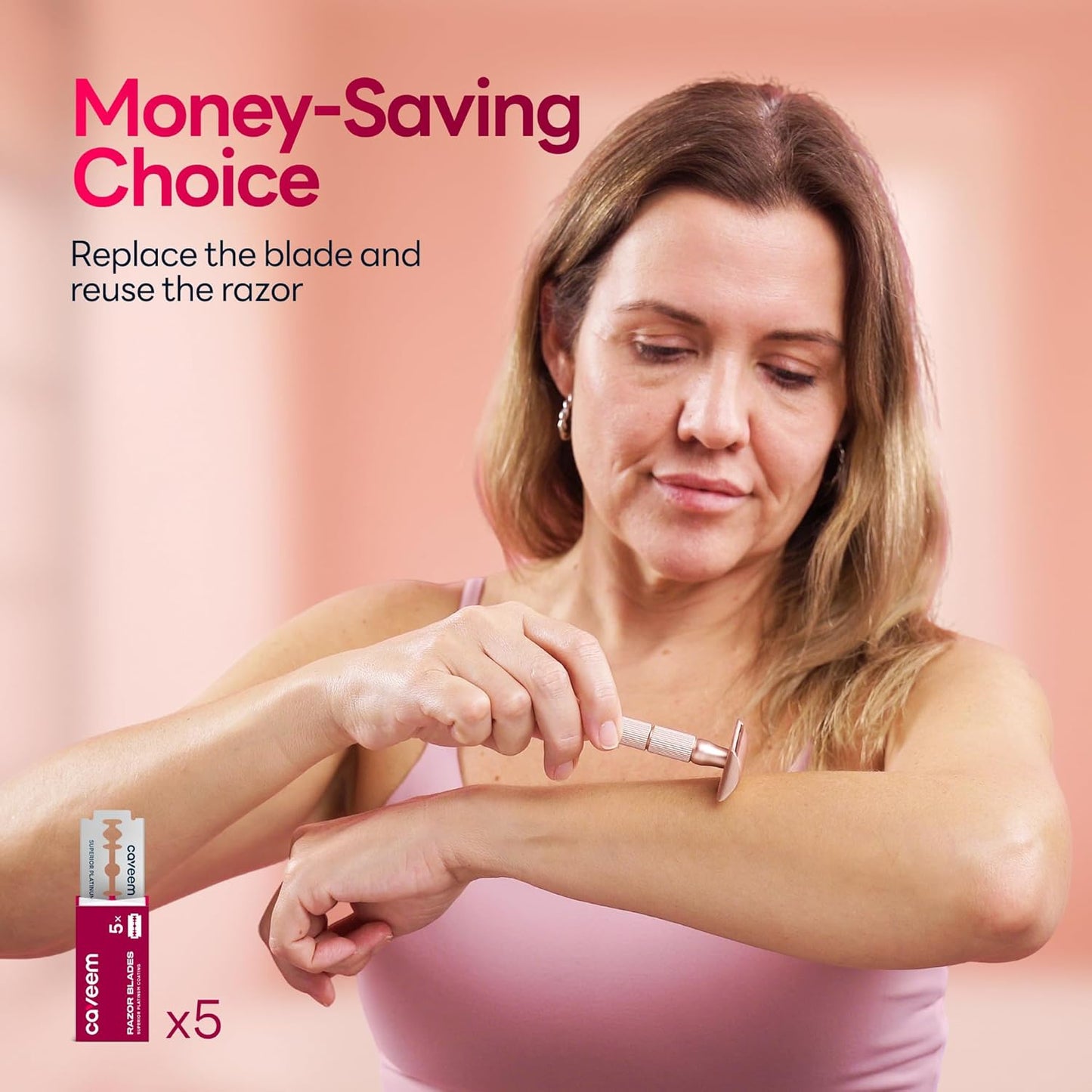 Rose Gold Double-Edge Safety Razor, Single-Blade Razors with 5 Stainless Steel Blades, Reusable Metal Razor for Men and Women