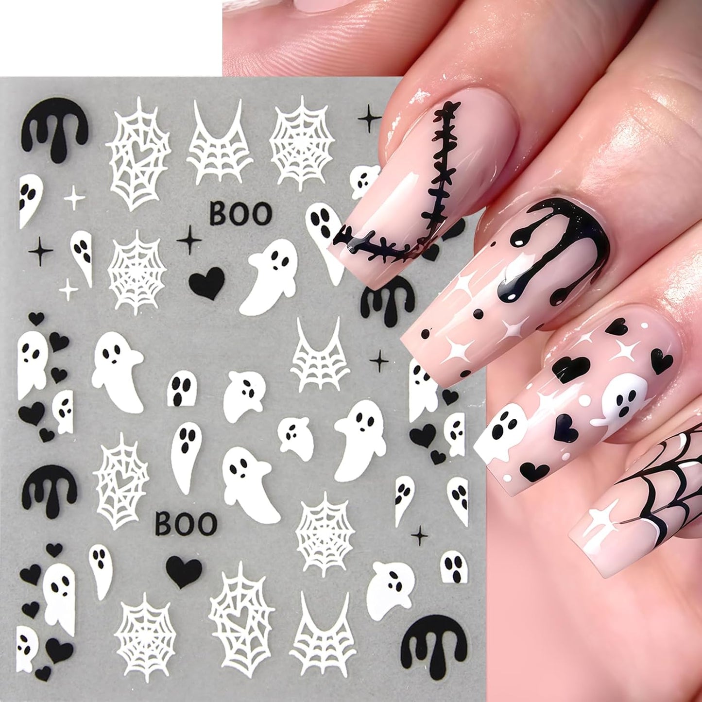 8 Sheets Spider Nail Art Stickers Halloween Ghost Nail Decals 3D Self-Adhesive Black White Heart Spider Web and Rhinestones Spiders Nail Design Acrylic Nails Decoration for Women Holiday Nail Charm