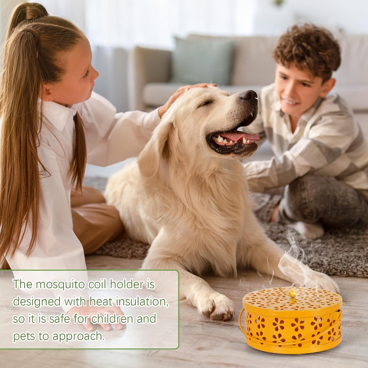 Portable Iron Mosquito Coil Holder with Handle Round Heat-Resistant Incense Holder (Yellow)