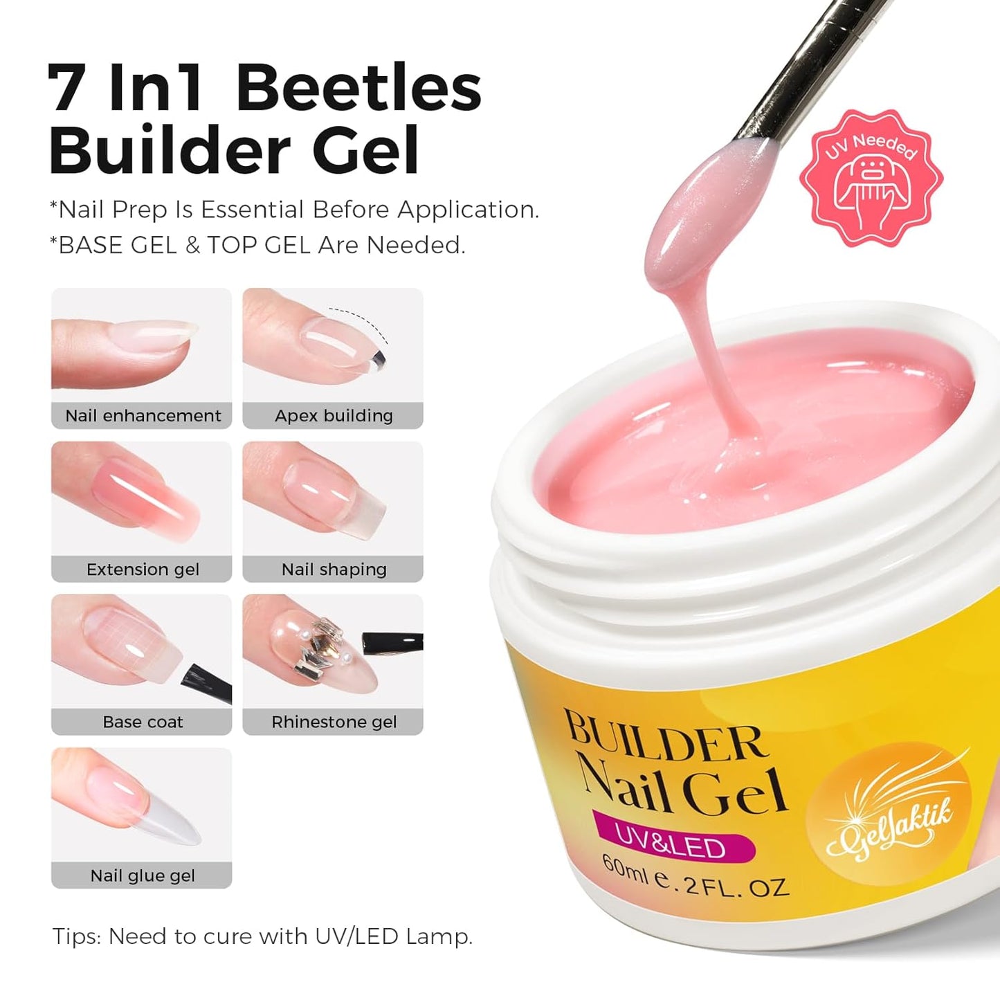 Builder Gel for Nails, 60g Glitter Pink Hard Gel for Nail Extension with 10 Nail Forms, Strengthener & Thickening, UV LED Lamp Cured Sculpture, Repair Broken Nails, Salon DIY Manicure Kit