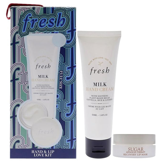 Fresh Hand And Lip Love Kit for Women - 2 Pc 1.6oz Milk Intensive Hand Cream, 0.3oz Sugar Recovery Lip Mask Advanced Therapy