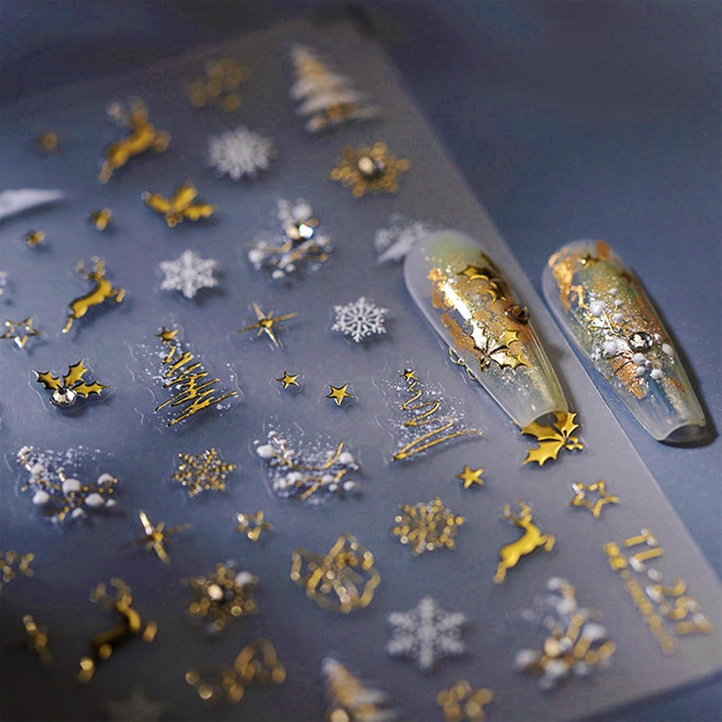 Christmas Nail Stickers for Nail Art Glitter Gold Reindeer Christmas Tree Nail Art Stickers Winter Xmas 5D Embossed Nail Decals 3D Self-Adhesive Nails Supply Manicure Sliders for Nails Decoration