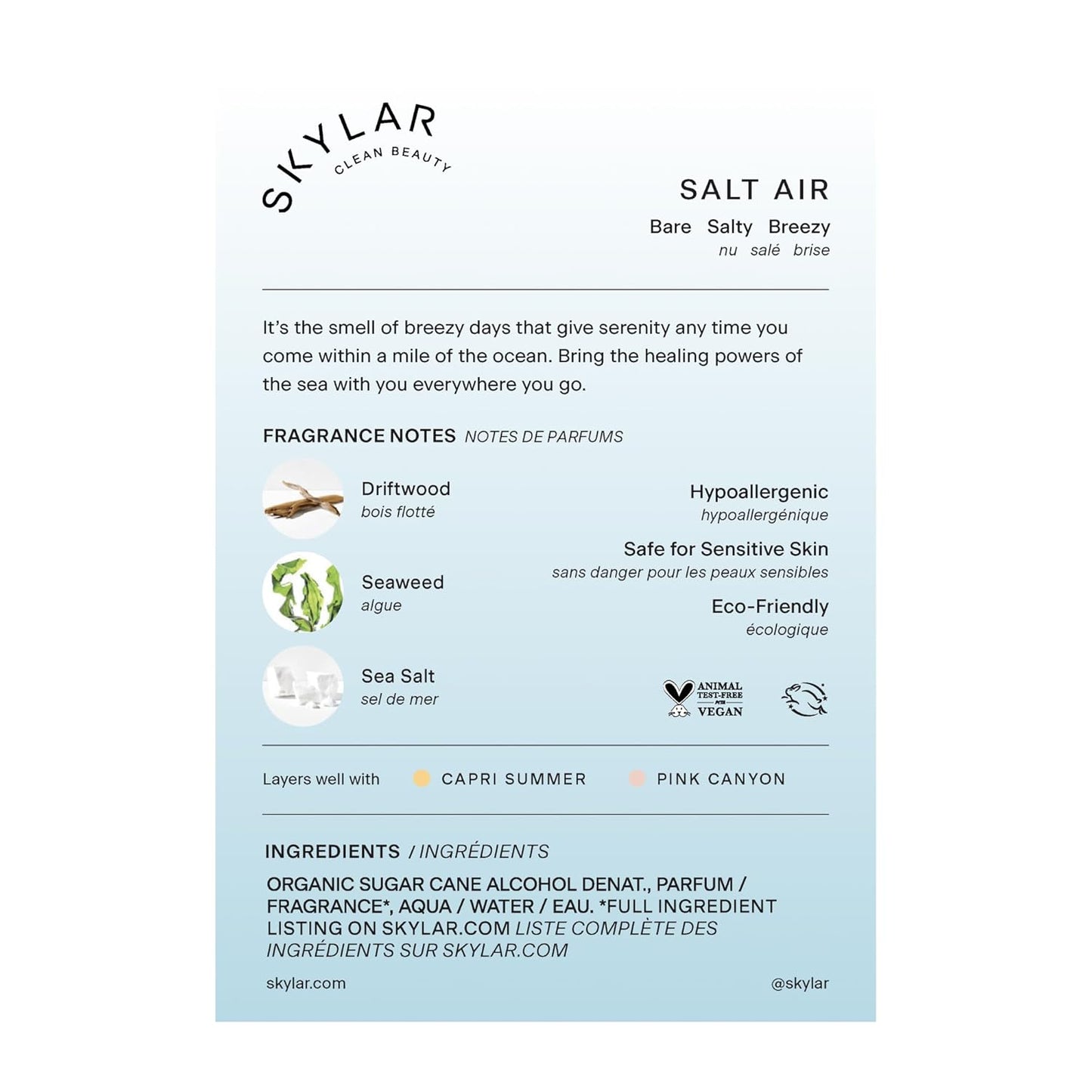 Skylar Salt Air Eau de Parfum - Hypoallergenic & Clean Perfume for Women & Men, Vegan & Safe for Sensitive Skin - Fresh Perfume with Notes of Driftwood, Sea Salt & Seaweed - 50mL /1.7 Fl oz