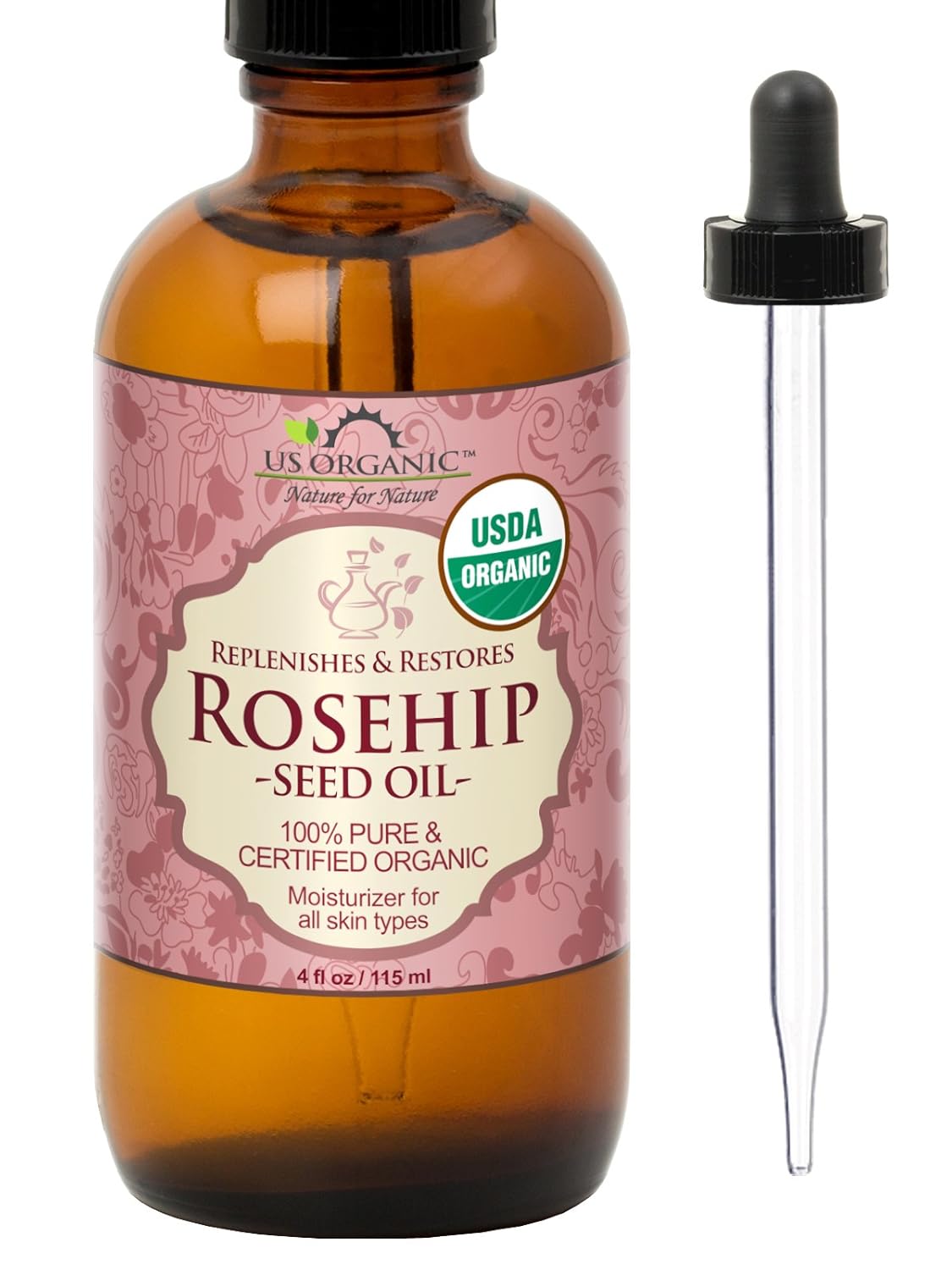 US Organic Rosehip Seed Oil, USDA Certified Organic, Cold Pressed, Virgin Organic, Amber Glass Bottle and Glass Eyedropper for Easy Application - 4 oz (115 ml)